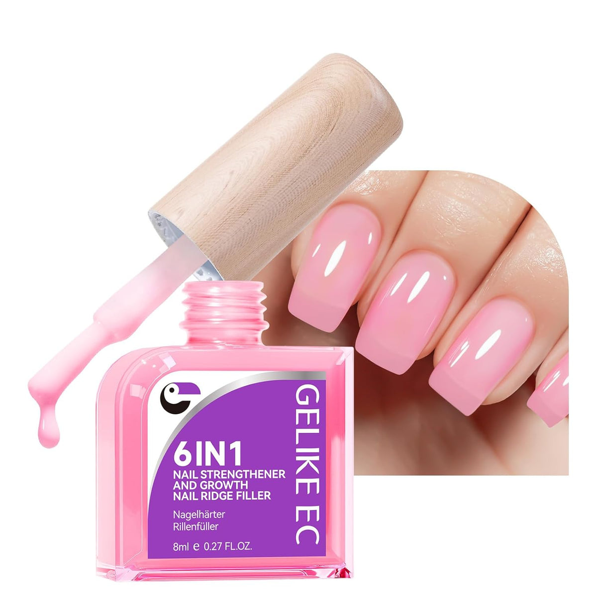 Nail Polish Strengthener and Growth Treatment: Pink Gelike EC 6 in 1 Natural Nail Hardener Extra Strong and Growth - Long Lasting Nail Repair for Damaged Nails - For Daily Work Home Salon