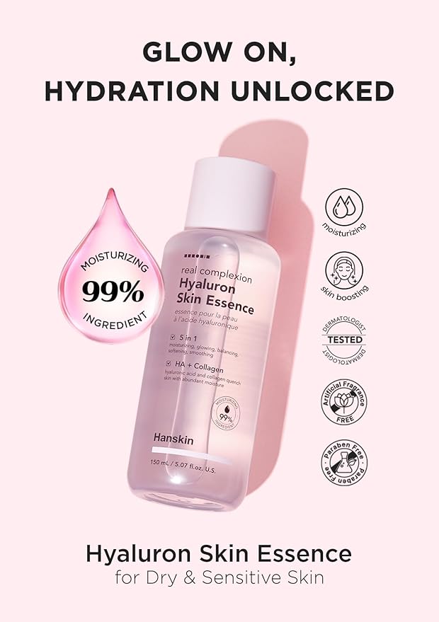 Hanskin Hyaluron Skin Essence, Hydrating Facial Astringent Toner for Dry, Dull, Sensitive Skin - Hyaluronic Acid Collagen Moisturizing Purifying Paraben-Free Korean Skincare [5.07 fl. oz.]