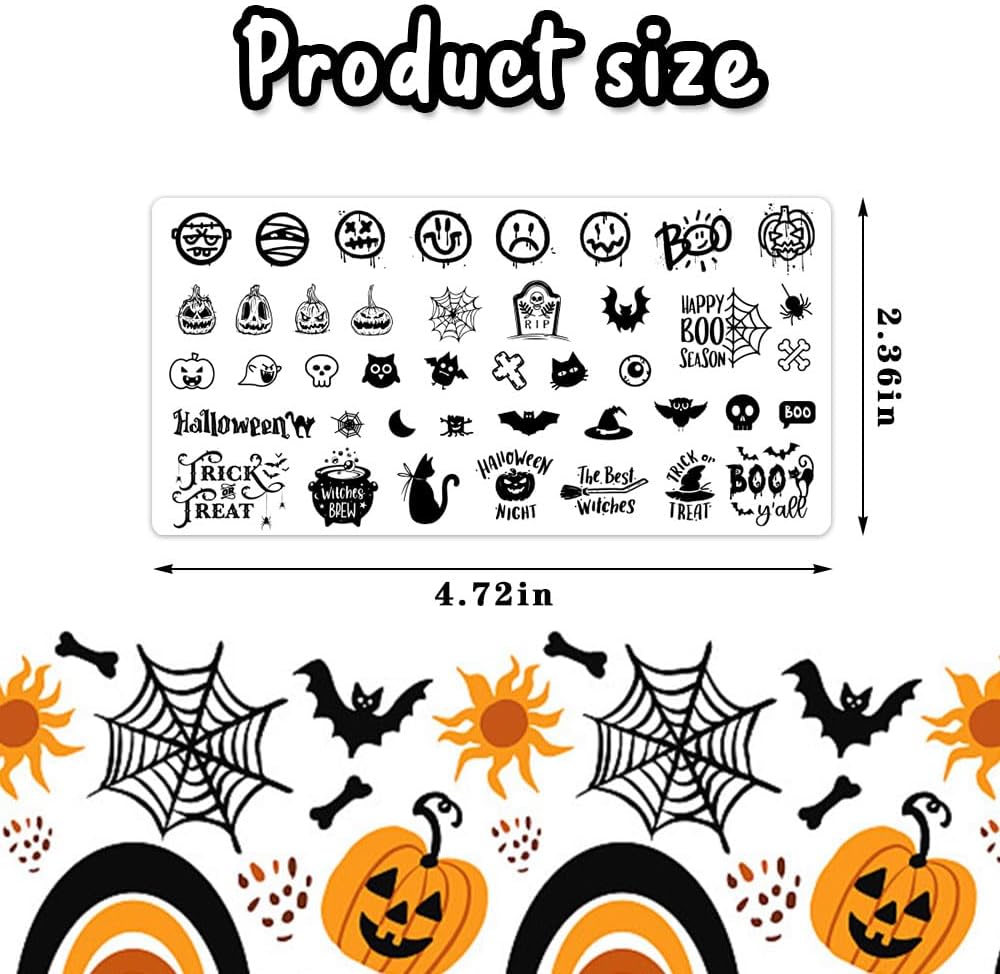ALIBBON 6 Pcs Halloween Nail Stamping Plates Set, Spider Web Pumpkin Background Nail Art Stamp Templates, Bat Ghost Stamp Templates Kit, Castle Grave Metal Nail Plates for DIY Printing Decor