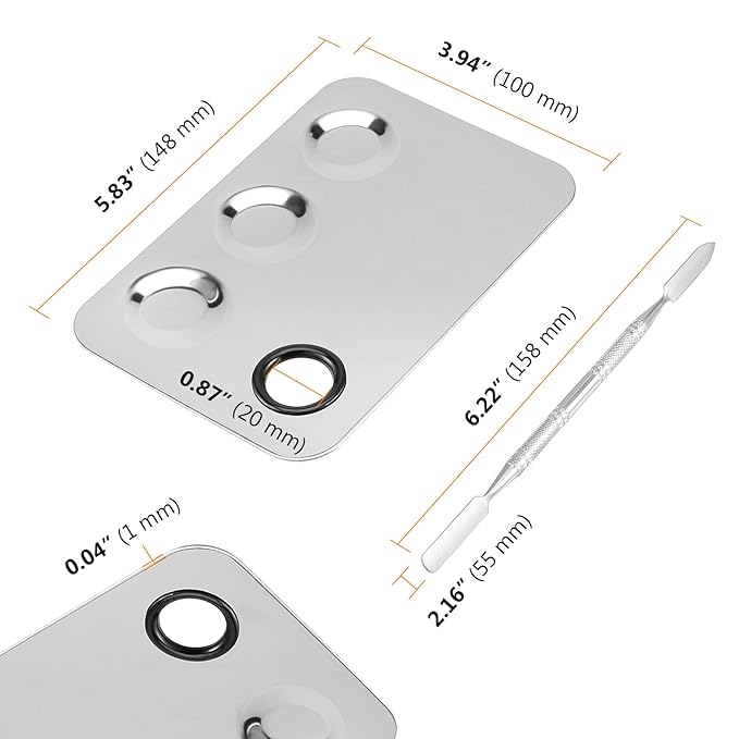 6 Pack 6 x 4 Inch Stainless Steel Cosmetic Palette with Spatula, 3-well Mixing Makeup Palette Nail-art Mixer Metal Tray for Foundation, Pigment, Nail Polish Blending, Silver