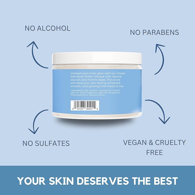 Sea Salt Body Scrub by Florida Suncare - Ocean Salt Body Polish Infused with Marine Algae - Exfoliating Face and Body Scrub - Facial Scrub Exfoliator to Tackle Acne and Scars (Coconut, 12.1 oz)