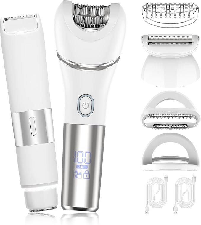 Epilators Hair Removal for Women-2 in 1 Eletctric Razors for Women,Dual Head Bikini Trimmer for Pubic Hair/Lady Facial Razor,Cordless Epilator Body Shaver for Smooth Wet/Dry Shaving,Led Light