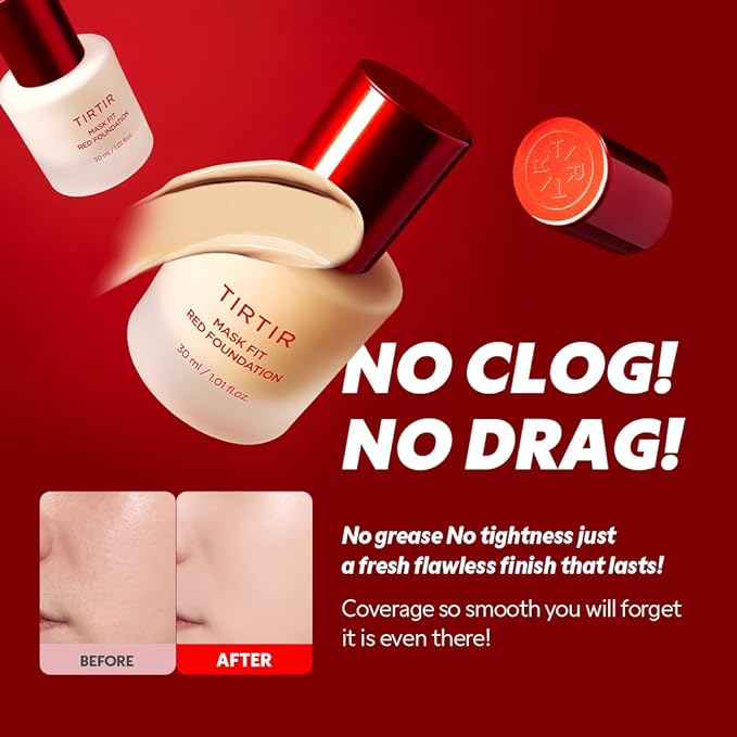 TIRTIR Mask Fit Red FoundationㅣLong Lasting Flawless Coverage, Energy Essence, Lightweight, Hydrating, Pore-Blurring, Breathable Satin Finish, Makeup, Radiant Skin, #15C Fair Porcelain, 1.01 Fl Oz