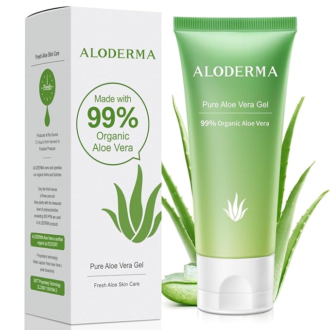 Aloderma 99% Organic Aloe Vera Gel Made within 12 Hours of Harvest, Easy Travel Size Tube for Body, Face, & Scalp, Cooling, Soothing Instant Relief for Skin & Sunburn, Hydrating Aloe Gel, 1.5oz