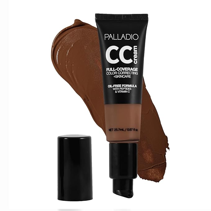 Palladio Full-Coverage Color Correction CC Cream, Oil-Free with Peptides & Vitamin C, Best for Correcting Redness and Uneven Skin Tone, Buildable Foundation Coverage (Rich 52W)