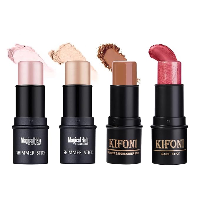 4PCS Contour Stick - Highlighter And Cream Blush Stick 4 Colors Kit - Moisturizer, Face Brightens & Shades Pencil, Facial Shaping Makeup Sticks for Older Women & Mature Skin