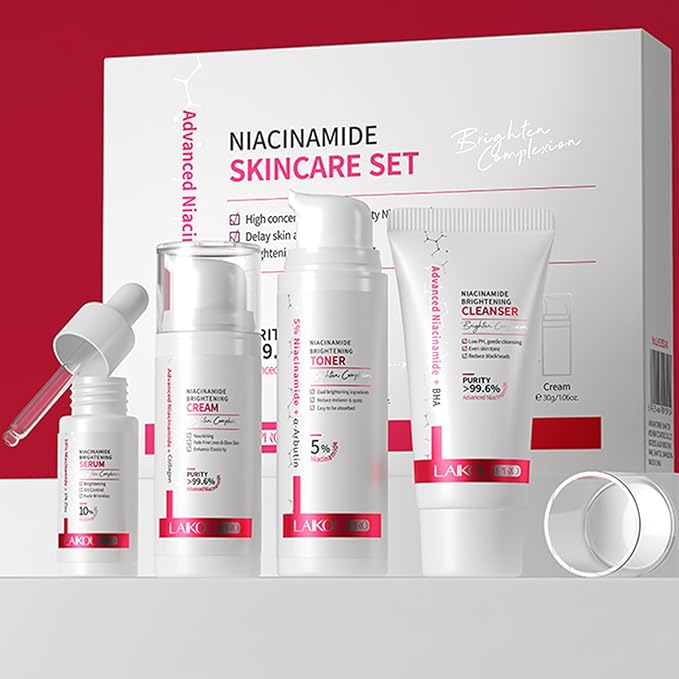 Niacinamide Skincare Set: 4pcs Beauty Kit with Cleanser, Toner, Serum, & Facial Cream - Hydrates & Evens Skin Tone - TSA-Friendly Travel Sizes, Perfect Gift for Women, Moms, & Teens