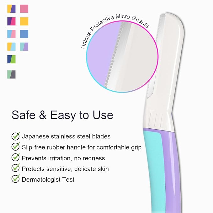 Face Razors for Women, Dermaplane Razor for Women Face, Eyebrow Razor, Dermaplaning Tool, Skin Safe Microblades, Peach Fuzz Remover, Skin Care Tool, Travel Essentials, (12ct, Wisteria)