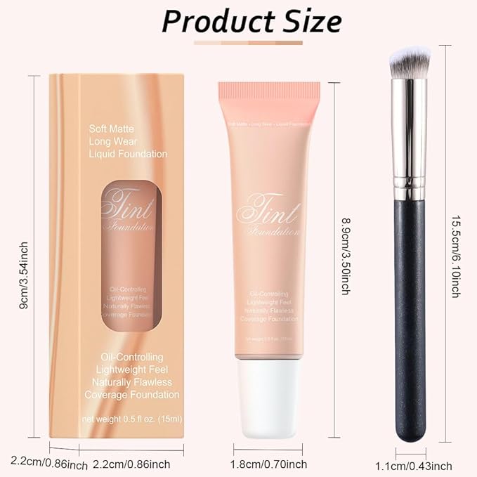 2 Pack Liquid Foundation Cream with Foundation Brush for Face Makeup,Durable Full Coverage Matte Concealer Make Up,Oil Control & Waterproof Base Primer -1 Fl.Oz (#03)