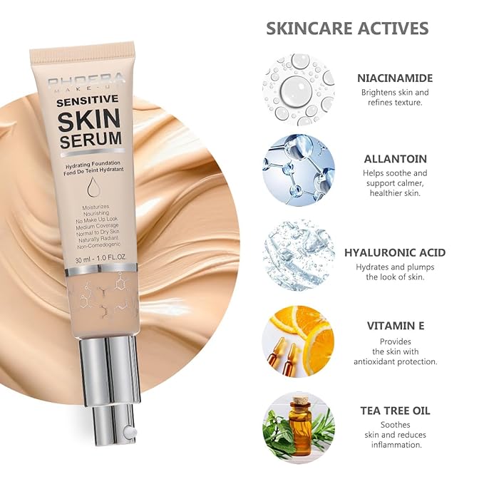 PHOERA Hydrating Serum Foundation,Flawless Full Coverage and Hypoallergenic Makeup Base Foundation. (N01 Porcelain, norm)