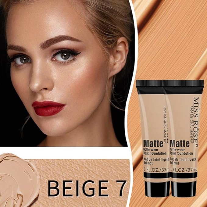 2 Pack Liquid Foundation Cream for Face Makeup,Durable Full Coverage Matte Concealer Make Up,Oil Control & Waterproof Base Primer -1+1 Fl.Oz (BEIGE 7#)