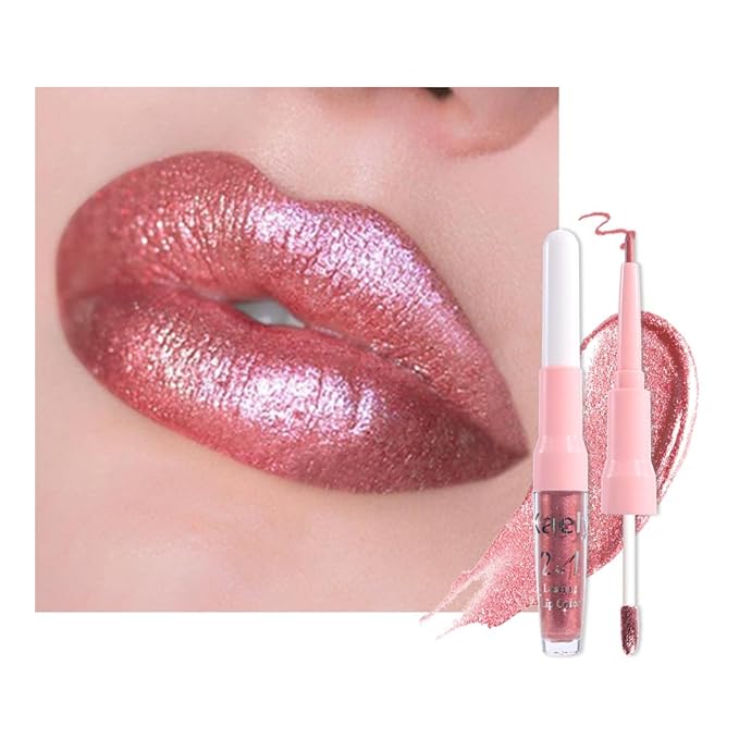 evpct Pine Red Metallic Glitter Lip Liner and Lipstick Combo Lip Gloss Stain Set Makeup for Women Long Lasting Waterproof 24, Warm Pink Metallic Shimmer Frosted Iridescent Shiny Liquid Lipstick 09