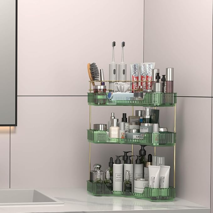 3 Tier Corner Bathroom Organizer Countertop, Vanity Makeup Organizer with Brush Holder, Space-Saving Skincare Storage Corner Shelf for Bathroom, Dressing Table, Kitchen