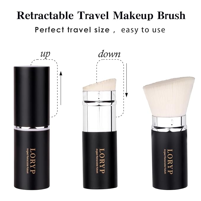 LORYP Retractable Makeup Brush Matte Black Kabuki Foundation Brush for liquid Cream and Powder Makeup 2 Pack Travel Makeup Brush Set