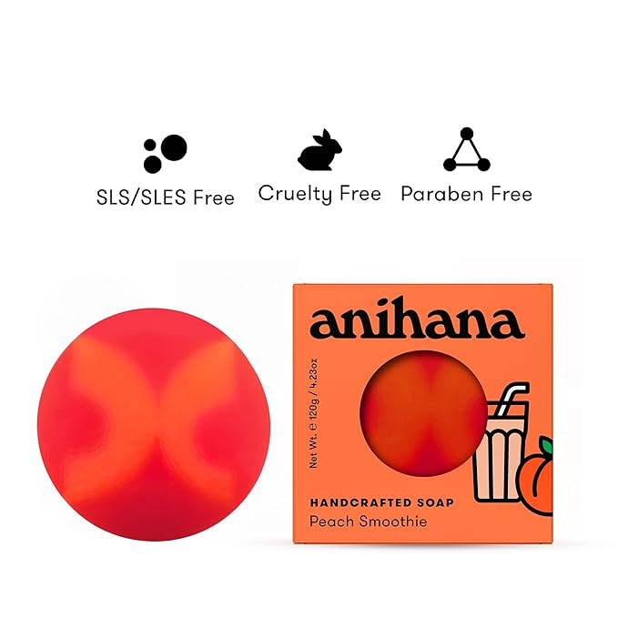 ANIHANA Handcrafted Natural Soap with Coconut Oil, Gentle Cleansing, Paraben Free, Refreshing Peach Smoothie Scent, 4.23 oz