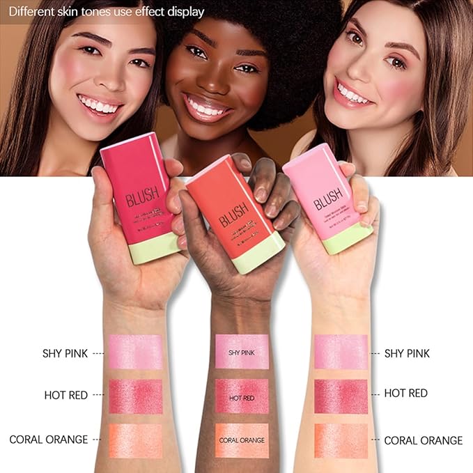 Multi-Purpose Makeup Blush Stick, 3-in-1 Beauty Tinted Solid Blush Stick For Cheeks, Lips And Eyes Waterproof Natural Cream Blush Stick With Long-Lasting Moisturizing Formula (#3Coral Orange)