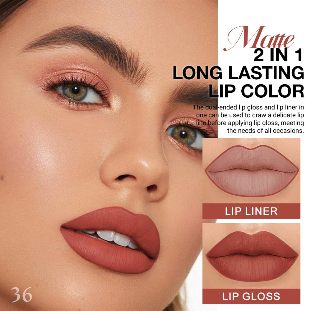 evpct 1Pcs Reddish Brown Matte Lip Liner and Liquid Lipstick Stain Makeup Set for Women, Cranberry Red Long Lasting Smudge Proof Lipstick labiales matte mate larga duracion listip 24 hours originales