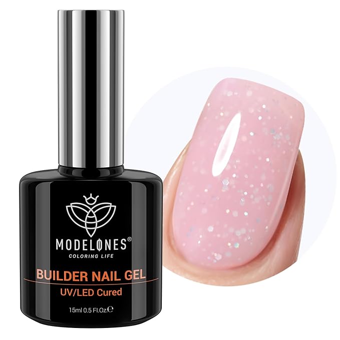 modelones Builder Nail Gel, 8-in-One Nude Pink Glitter Builder, Rainbow Iridescent Shimmer Nail Gel Polish, Jelly Pink Sparkle LED Lamp Cured Hard Rubber Color Base for Home DIY Salon Girls