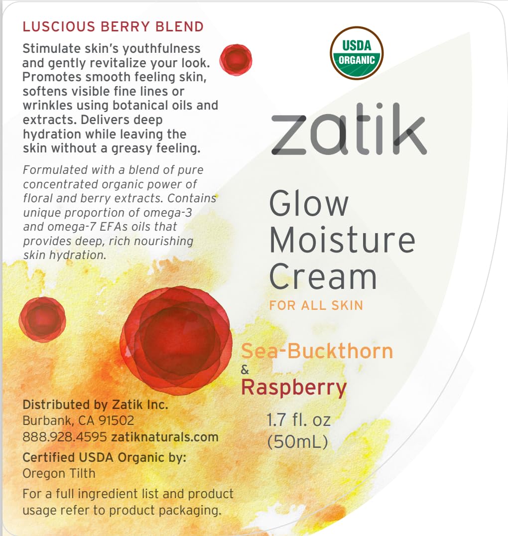 Zatik Naturals - Glow Moisture Cream, Sea-Buckthorn & Raspberry Luscious Berry Blend, USDA Certified Organic, Vegan, Non-GMO, Gluten Free, Alcohol Free, pH Balanced, Biodegradable, 1.7 oz, 50 mL