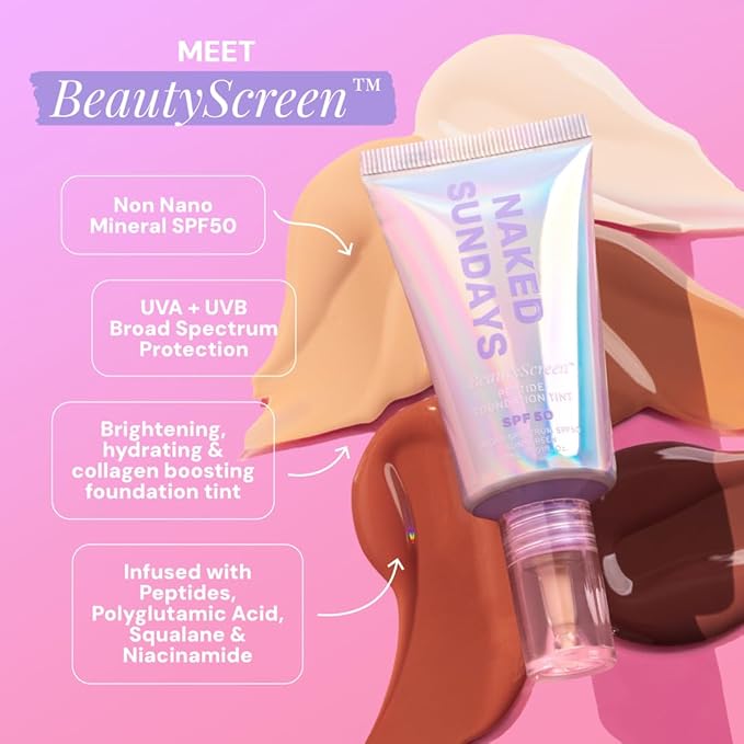 Naked Sundays BeautyScreen™ SPF 50 Mineral Peptide Foundation Tint 2-in-1 Skin Tint & Mineral Sunscreen- Radiant, Buildable Coverage, Acne-Safe (3.5 Light Medium Cool, 1.01 Fl Oz)