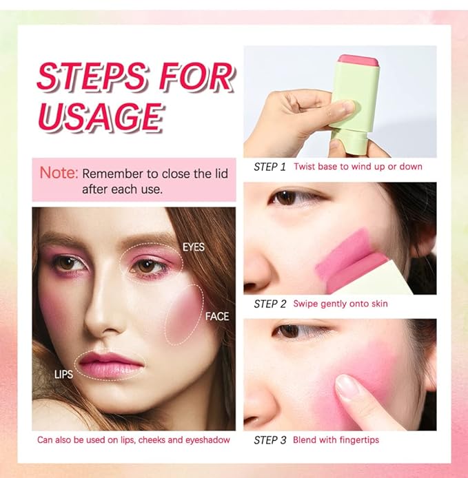 Multi-Purpose Makeup Blush Stick, 3-in-1 Beauty Tinted Solid Blush Stick For Cheeks, Lips And Eyes Waterproof Natural Cream Blush Stick With Long-Lasting Moisturizing Formula (#2Hot Red)
