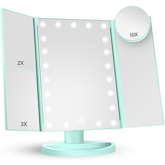 HUONUL Makeup Mirror Vanity with Lights, 2X 3X 10X Magnification, Lighted Mirror, Touch Control, Trifold Dual Power Supply, Portable LED Women Gift (Green)
