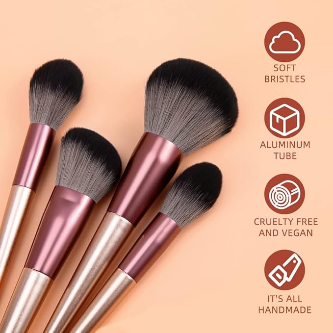 DUcare Makeup Brushes with Bag - 14Pcs Professional Synthetic Make Up Brushes Set for Blush Concealer Foundation Bronzer Powder Eyebrow Eyeshadow Blending Makeup Brush Set Mekaup bag, Rose Golden