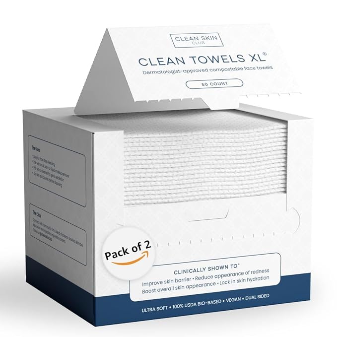 Clean Skin Club Clean Towels XL, 100% USDA Biobased Dermatologist Approved Face Towel, Disposable Clinically Tested Face Towelette, Facial Washcloth, Makeup Remover Dry Wipes, 100 ct, 2 pack