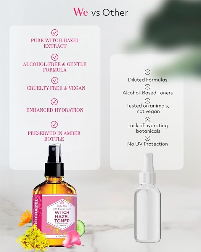 Witch Hazel Alcohol Free Toner by Leven Rose, 100% Pure Organic Facial Rose Water with Rose Petals, Calendula, Cucumber, and Chamomile Flower 4 oz