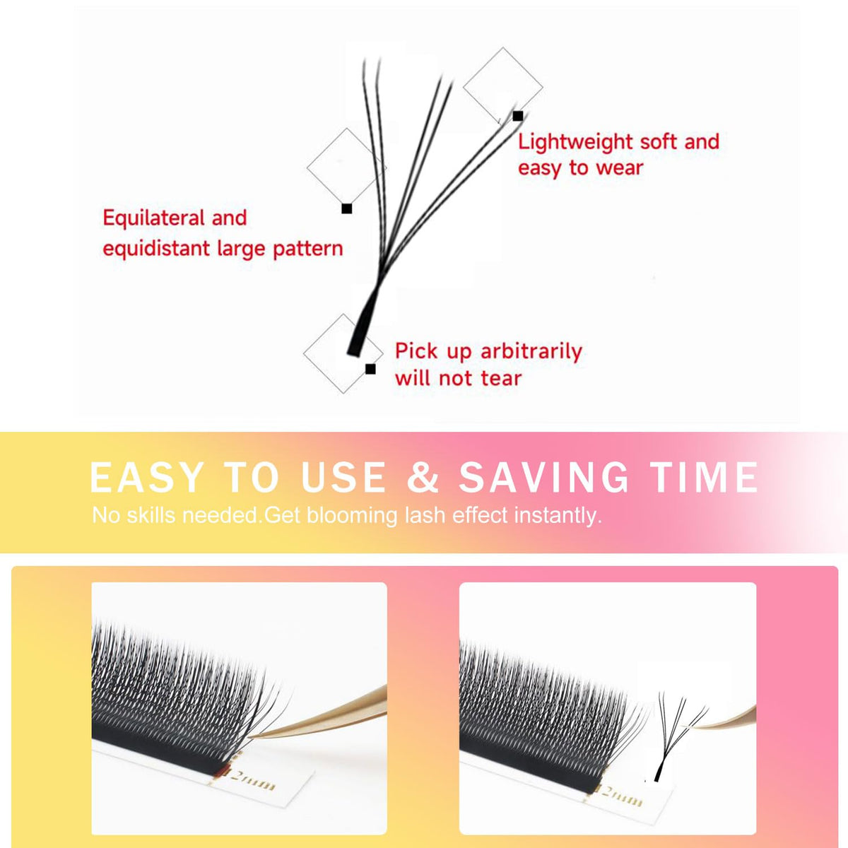 Lash Extensions Double Tips 3D Eyelash Extensions W Shape 0.07mm Thickness C Curl Mix 8-15mm Premade Fans Easy Fan Volume Matte Black Crisscross Eyelashes(W-3D-Double Tips-0.07-C,8-15mm Mix)
