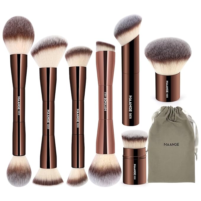 MAANGE 7pcs Makeup Brush Set Double Sided Kabuki Makeup Brushes Contour Brush for Foundation Liquid Powder Concealer Cream Cosmetics Bronzer Blending Blush Buffing Makeup Tools (Coffee)