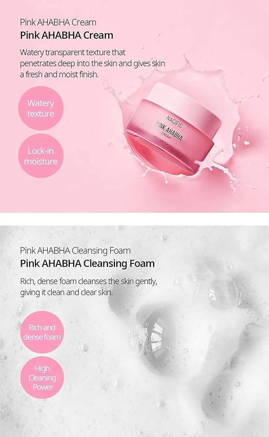 Nacific Pink AHA BHA Kit (Cleansing Foam, Toner, Serum, Cream) Travel Size Skin Care Set
