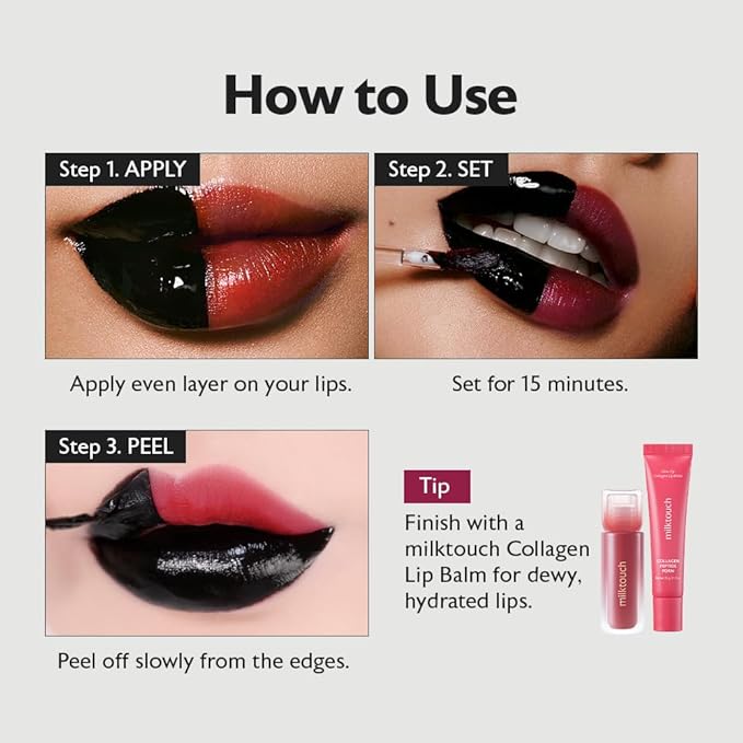 MILKTOUCH Black Peel Off Lip Tattoo - Long-Lasting Matte Lip, Waterproof & Transfer-Proof, Highly Pigmented, Stay-On-All-Day Lip Tint Stain (4.5g) #03 Black Apple