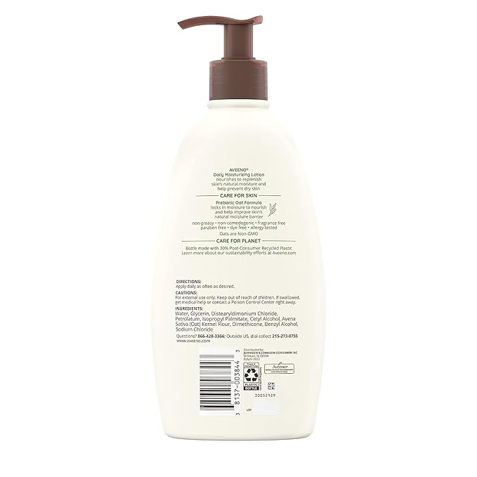 Aveeno Daily Moisturizing Body Lotion for Dry Skin with Prebiotic Oat, Fragrance & Paraben Free, Non-Greasy, Non-Comedogenic, for Sensitive Skin & 72-Hour Moisturizer 18 Fl Oz