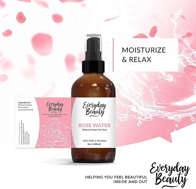 Rose Water Facial Toner - Alcohol-Free Vegan All Natural Refreshing Spray Mist for Face and Hair - Uplifts, Calming & Soothing for All Skin Types 8oz with Fine Mist Cap