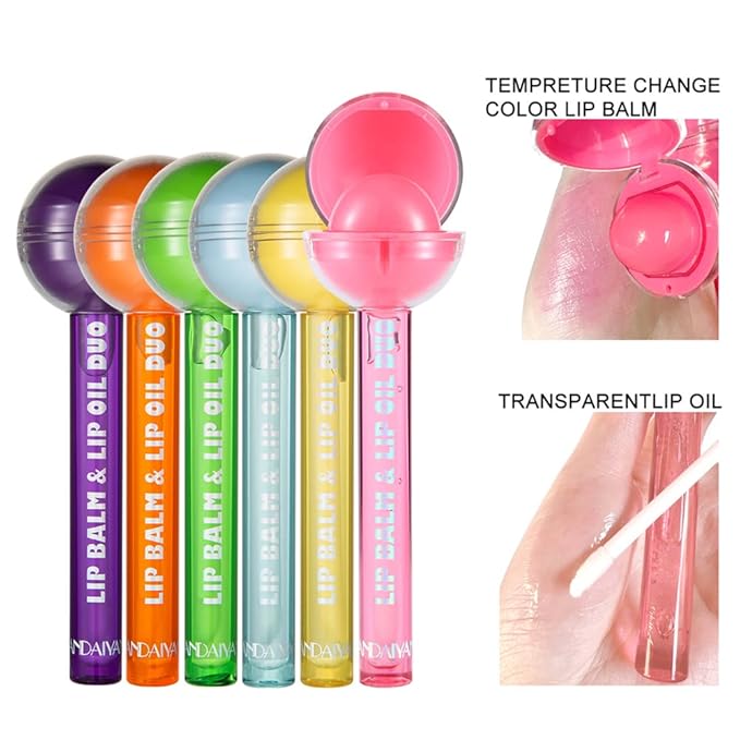 Tinted Lip Balm Lollipop Lip Gloss, Magic pH Color Changing Pink Lipstick & Vitamin E Clear Lip Oil Combo, Hydrating Plumping Lip Care Product for Girls (Purple)