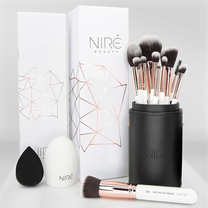 Niré Beauty White 15piece Award Winning Professional Makeup Brush Set: Vegan Makeup Brushes with Case, Makeup Sponge, Cleaner, Guide, Gift Box