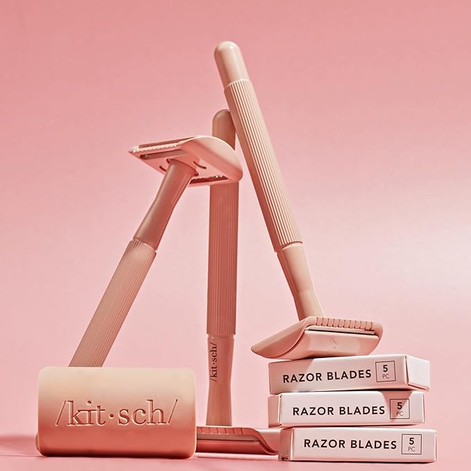 Kitsch Double Edge Safety Razors for Women and Men, Long Metal Handle and Stainless Steel Single Blade Razor with 5 Double Edge Refills, for Shaving and Travel Essentials - Terracotta