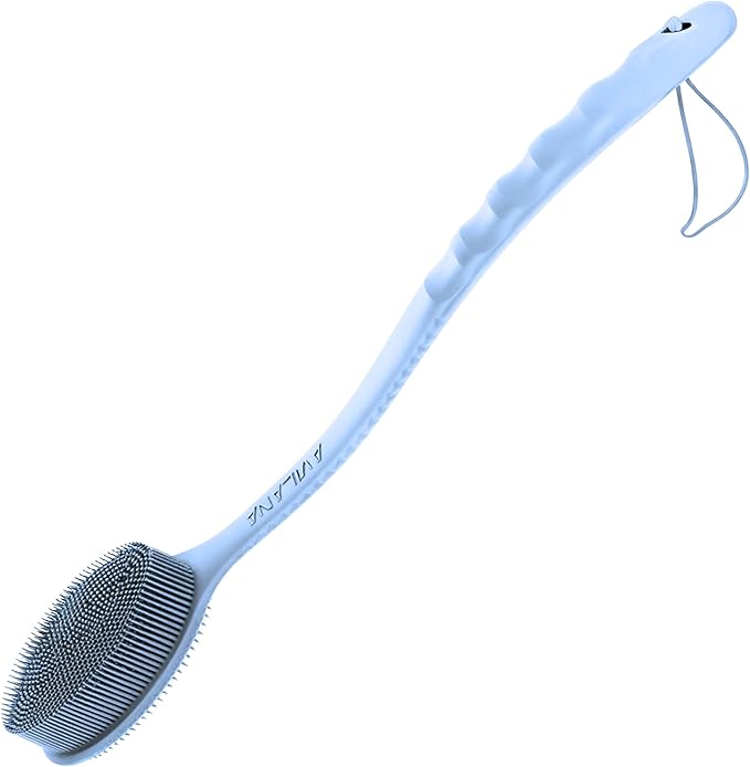 Avilana Silicone Body Scrubber – Gentle Shower Brush & Loofah Alternative- Food Grade & Lab Tested – Fast-Drying, Hygienic, BPA-Free Silicone Body Gentle Exfoliator (Blue, Long Handle)