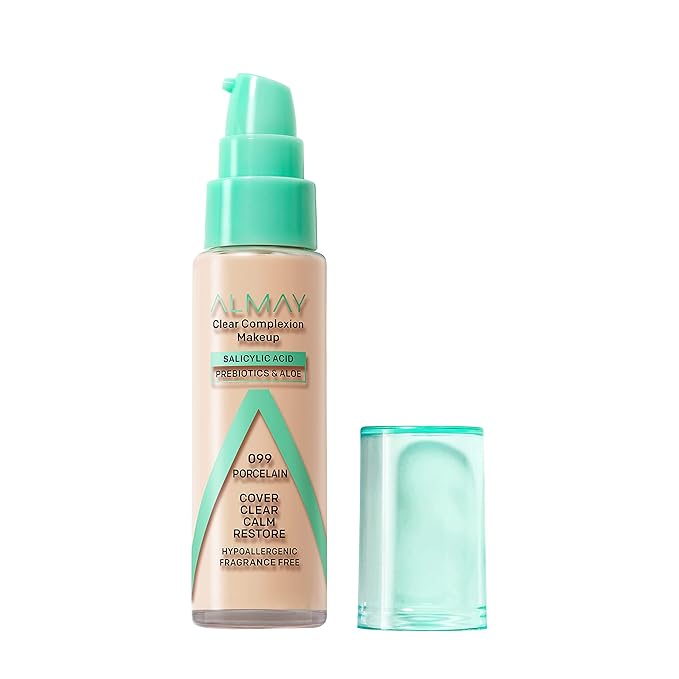 Almay Clear Complexion Acne Foundation Makeup with Salicylic Acid - Lightweight, Medium Coverage, Hypoallergenic, Fragrance-Free, for Sensitive Skin, 099 Porcelain, 1 fl oz.