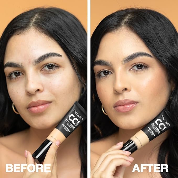 Palladio Full-Coverage Color Correction CC Cream, Oil-Free with Peptides & Vitamin C, Best for Correcting Redness and Uneven Skin Tone, Buildable Foundation Coverage (Med 32W)