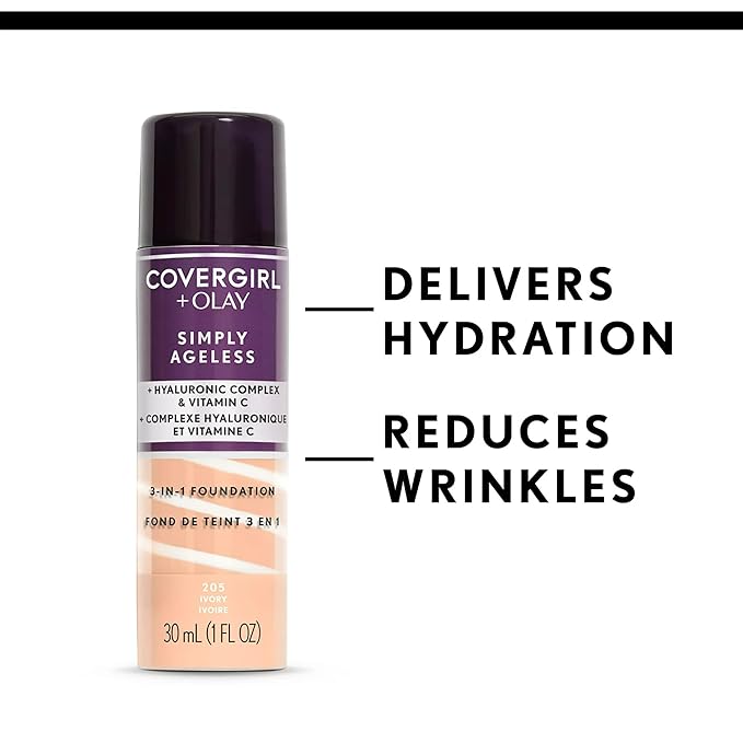 CoverGirl & Olay Simply Ageless 3-in-1 Liquid Foundation, Matte Finish, Hyaluronic & Vitamin C Formula, Creamy Natural, 1 Count