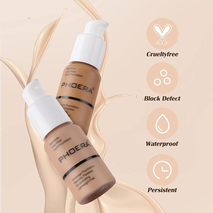 PHOERA Foundation Makeup Naturally Liquid Foundation Full Coverage Mattle Oil-Control Concealer 8 Colors Optional,Great Choice For Gift (2pcs,#104 Buff Beige)