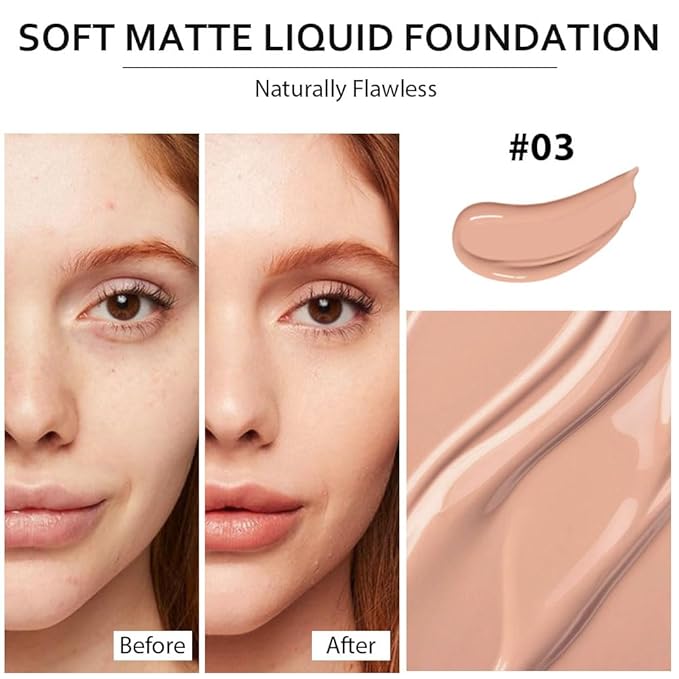 2 Pack Liquid Foundation Cream with Foundation Brush for Face Makeup,Durable Full Coverage Matte Concealer Make Up,Oil Control & Waterproof Base Primer -1 Fl.Oz (#03)