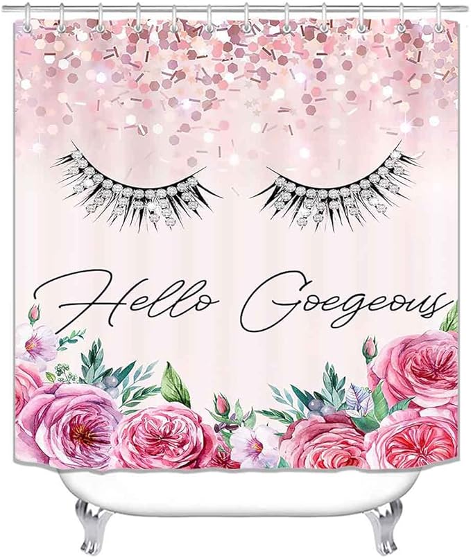 4PCS Hello Gorgeous Shower Curtain Set, Birthday Confetti Botanical Peony Floral Diamond Unicorn Eyelash Teen Girls Pink Bathroom Decor, Waterproof Fabric Shower Curtain, Bath Mat Toilet Rug