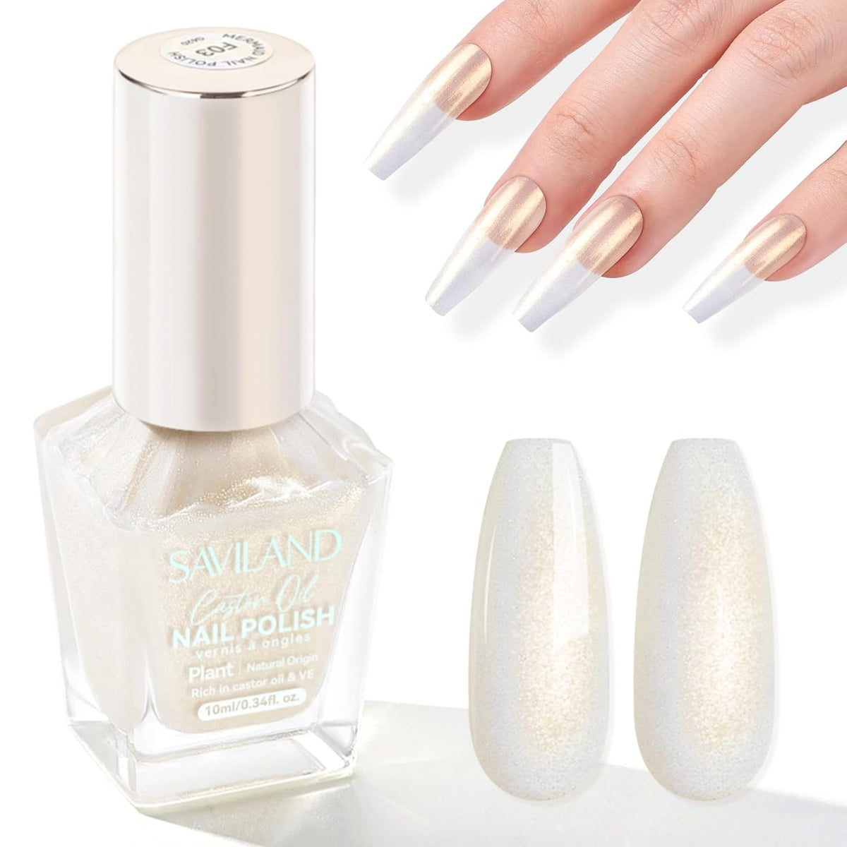 SAVILAND Color Artistry Pearl White Gold Nail Polish - 7 Days Shimmer Glitter Fingernail Polish, Ultra Quick Dry & Long-Lasting Pearlescent Sheen Nail Lacquer Nail Art Effect Home Manicure Gift Women