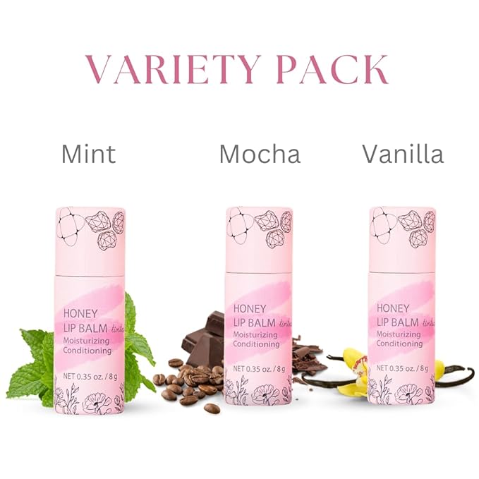 Organic Honey Lip Balm - 100% Grassfed Beef Tallow Chapstick for Women, Natural Raw Honey & Argan Oil - Ultra Moisturizing, Conditioning, Chemical Free - 3 Pack (3x0.28 oz) Tinted