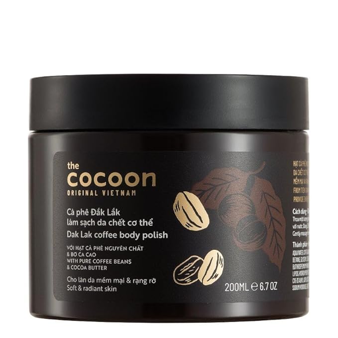 Cocoon Dak Lak Coffee Scrub Body, Exfoliating Body Scrub Organic with Coconut & Shea Butter, Dead Skin Remover for Body, Moisturizing Body for Sensitive Skin, Fragrance Free | Gift for Coffee Lovers