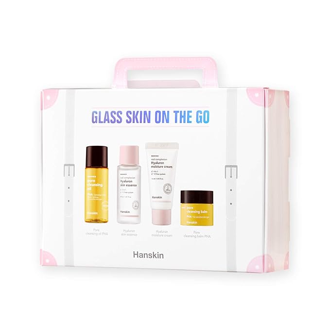 Hanskin Glass Skin On The Go Kit, Travel Friendly Hydrating Skincare Set for Glowing Skin, Cleansers, Skin Essence Toner and Moisturizer, Korean Skin Care [Set of 4 / 30 ml each]