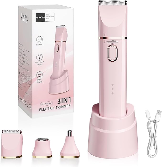 Bikini Trimmer for Women: 3 in 1 Gentle&Painless Electric Razor for Women,120min Cordless Runtime,USB Charge Dock,Ceramic Blade,IPX7 Waterproof Wet & Dry Use &Easy Cleaning Travel Grooming Kit (Pink)